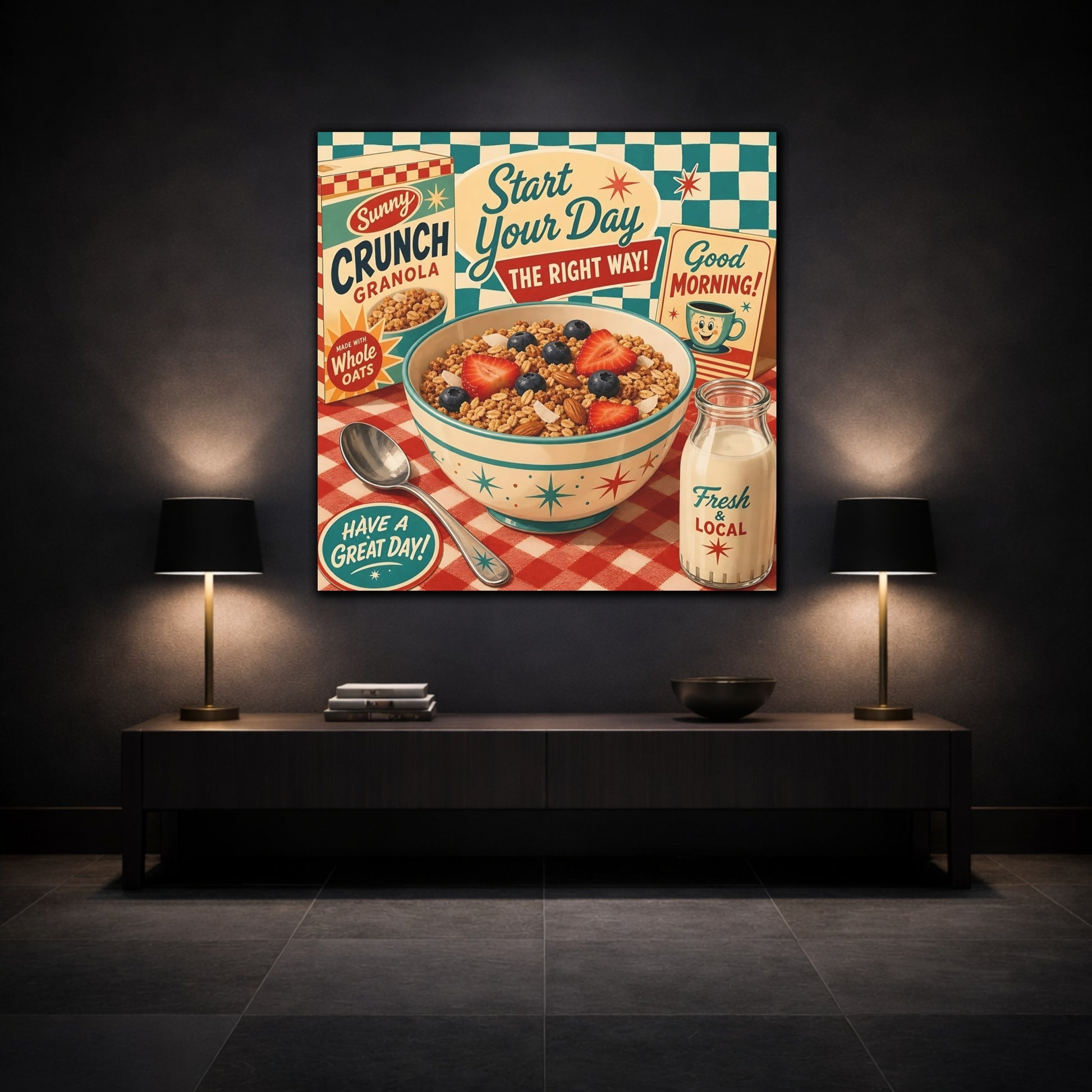 Mockup 3. Vintage Granola Bowl Retro Breakfast shown as stretched canvas wall art