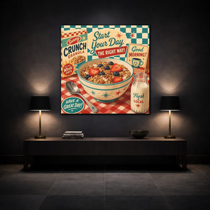 Mockup 3. Vintage Granola Bowl Retro Breakfast shown as stretched canvas wall art