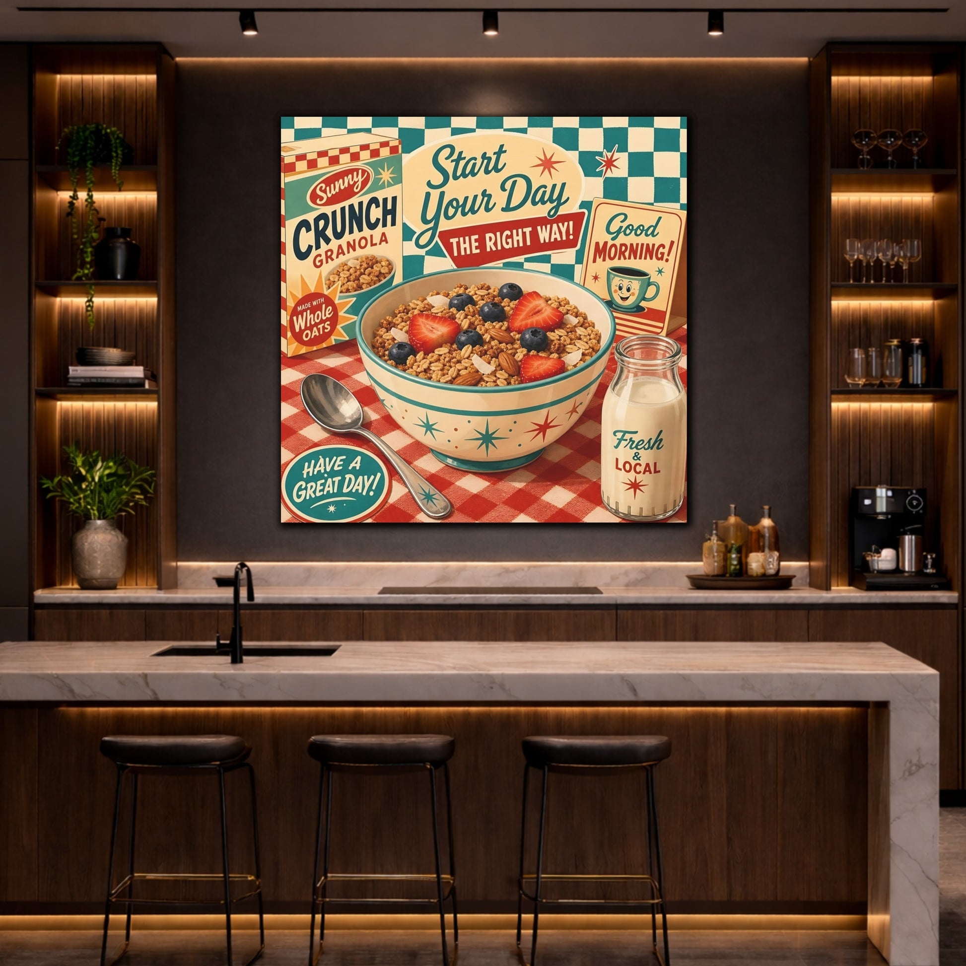 Mockup 4. Vintage Granola Bowl Retro Breakfast shown as stretched canvas wall art