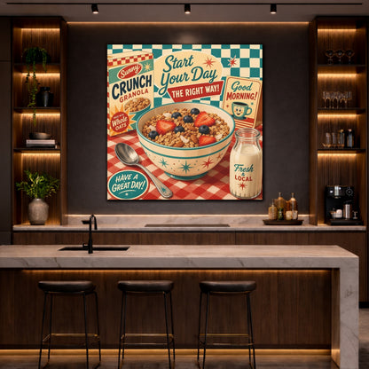 Mockup 4. Vintage Granola Bowl Retro Breakfast shown as stretched canvas wall art