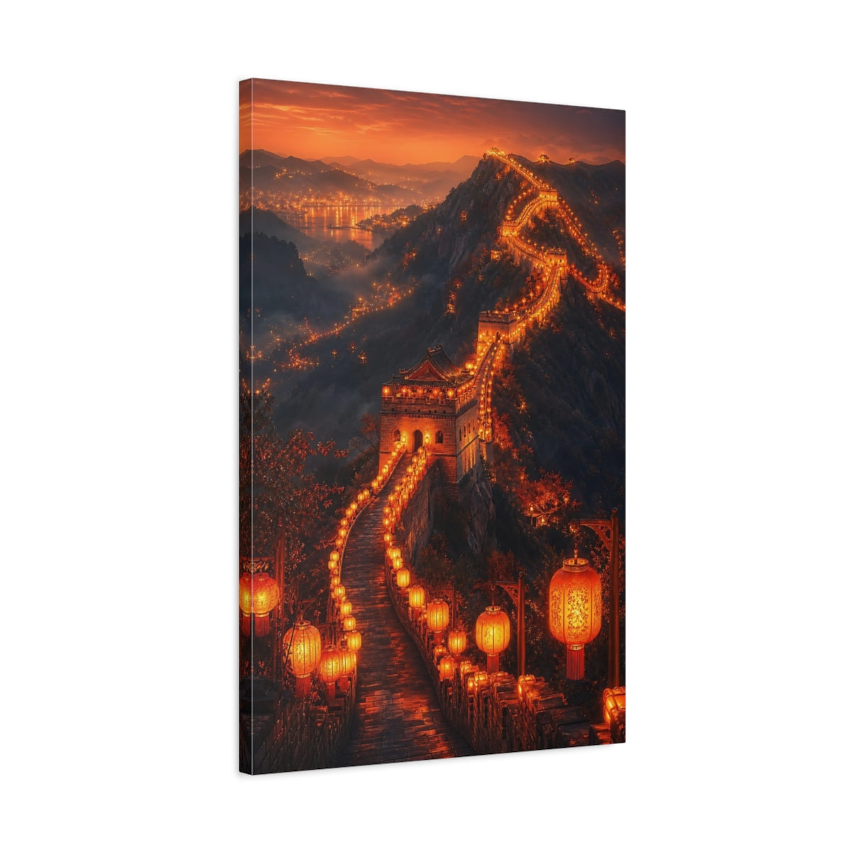 Side Mockup 2. Vintage Great Wall Orange And Black shown as stretched canvas wall art