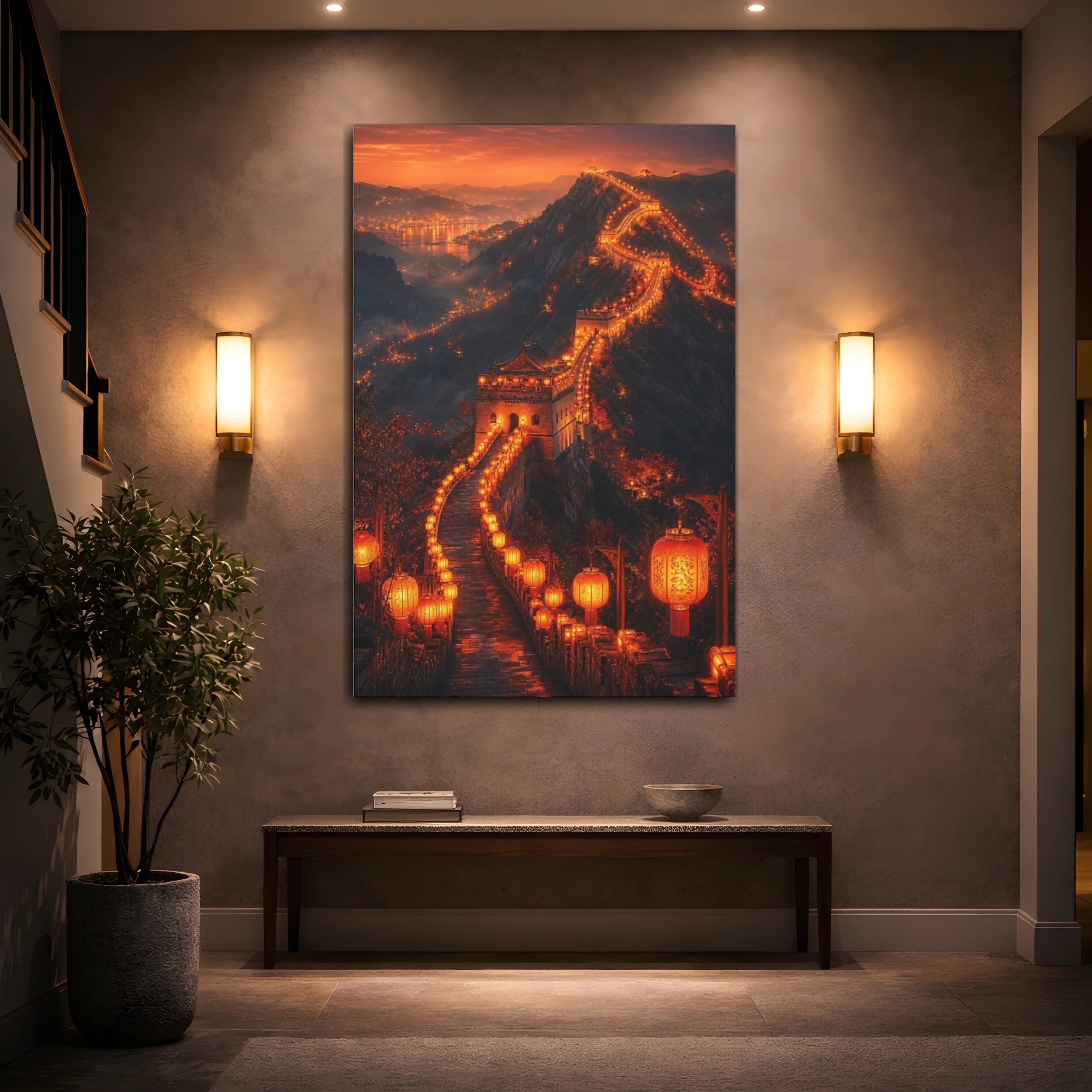Mockup 2. Vintage Great Wall Orange And Black shown as stretched canvas wall art