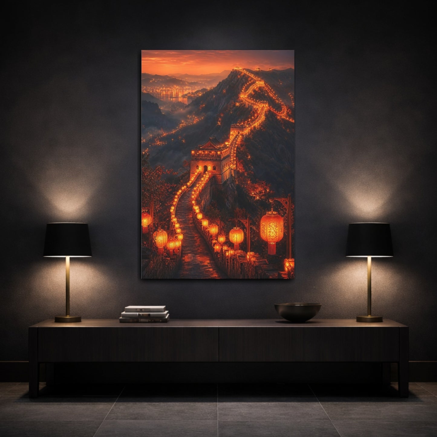 Vintage Great Wall Orange and Black Canvas Wall Art Print - Living Room shown as canvas wall art