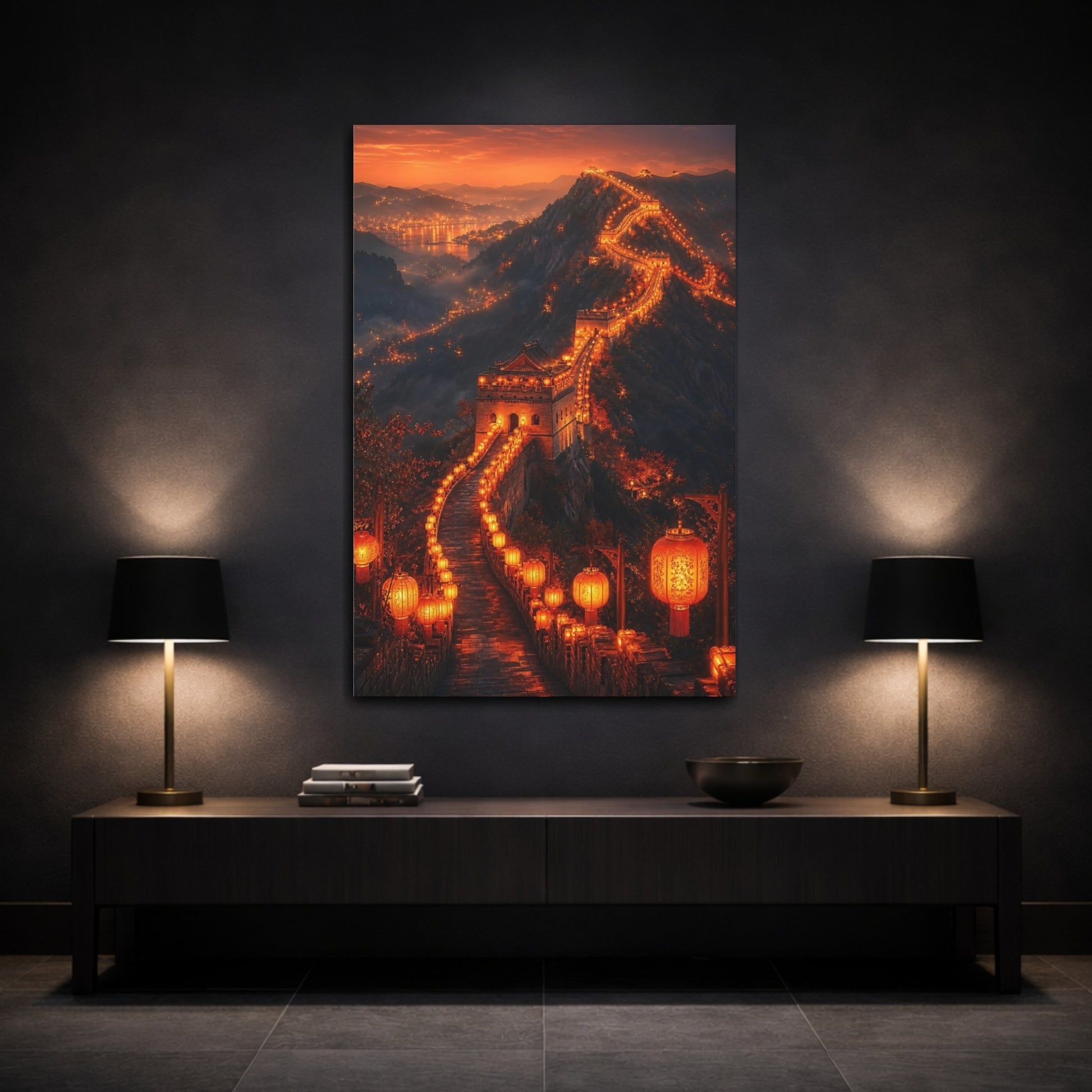 Vintage Great Wall Orange and Black Canvas Wall Art Print - Living Room shown as canvas wall art