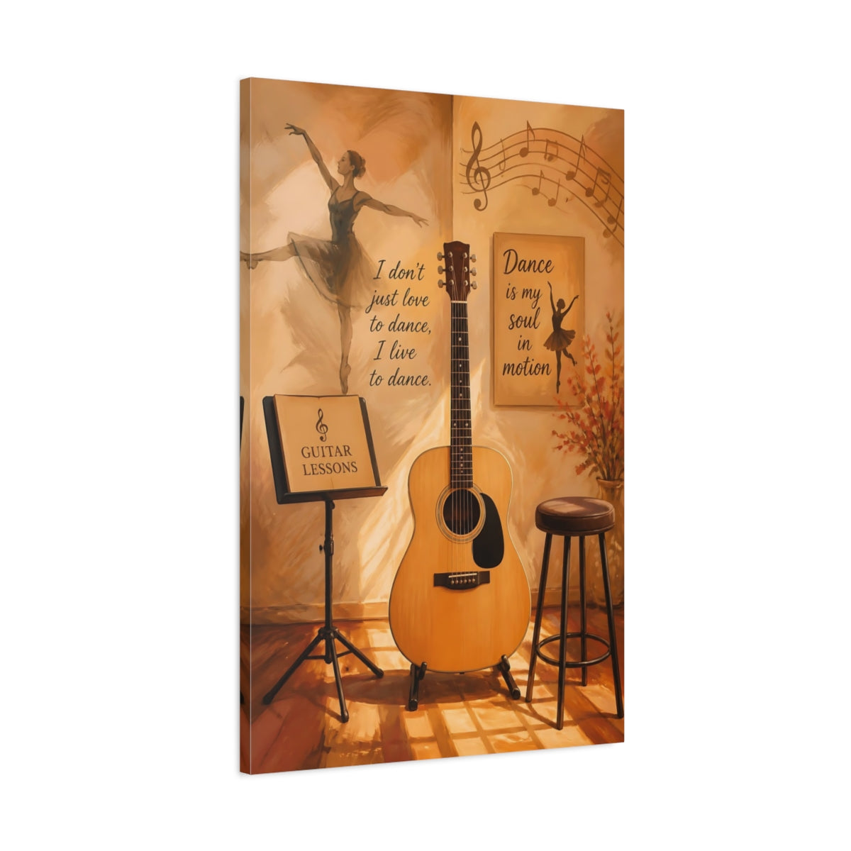 Main Mockup. Vintage Guitar And Dancer Music Dance Art shown as canvas print