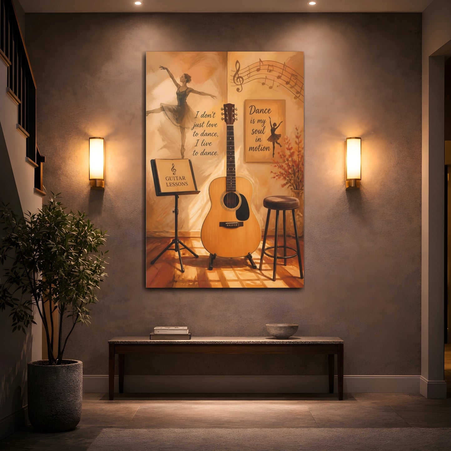 Mockup 2. Vintage Guitar And Dancer Music Dance Art shown as canvas print