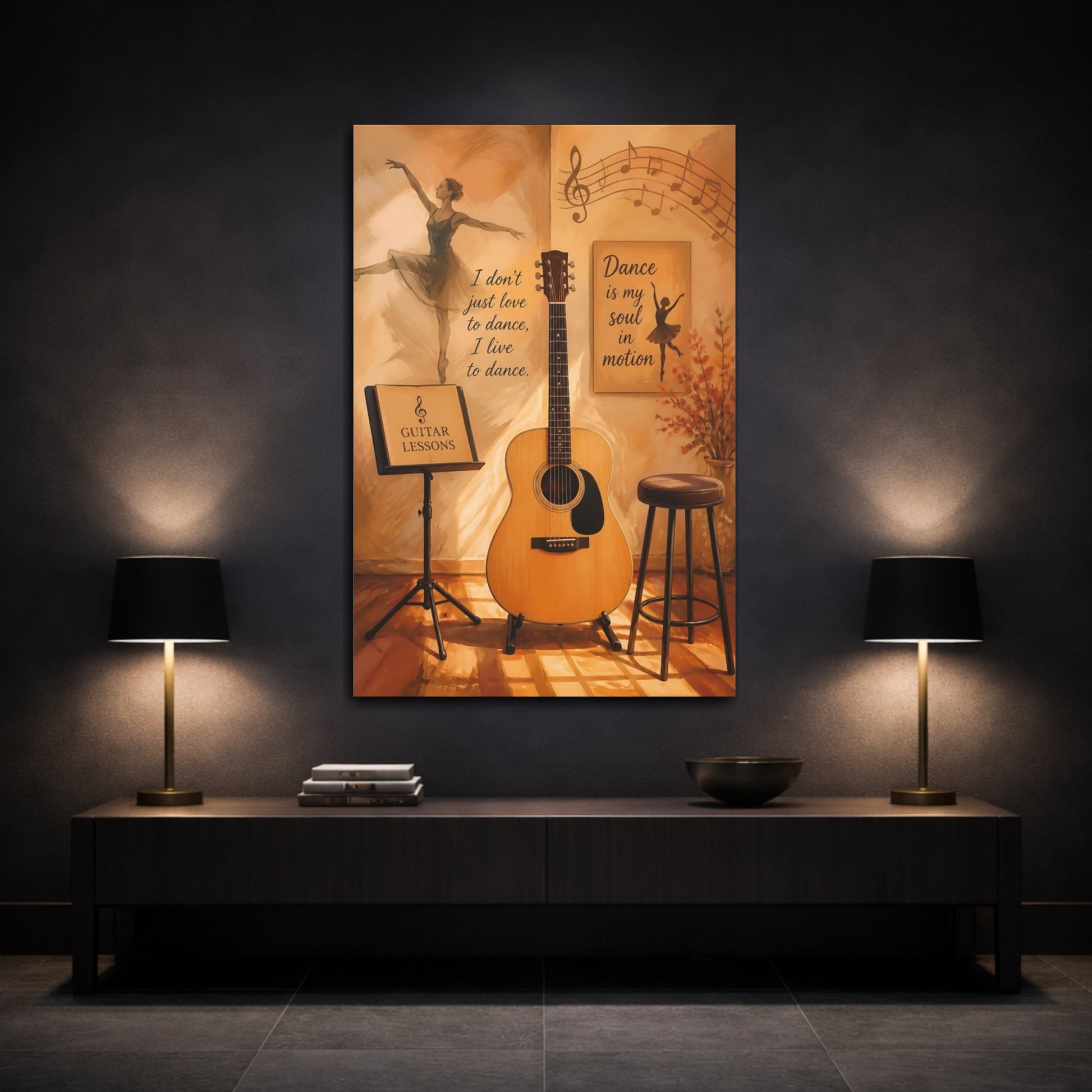 Mockup 3. Vintage Guitar And Dancer Music Dance Art shown as canvas print