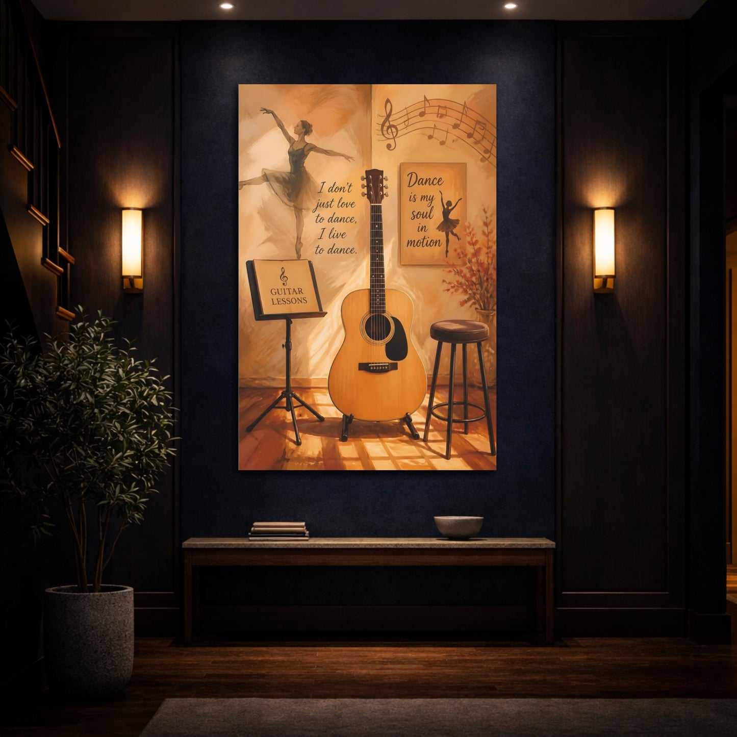 Mockup 4. Vintage Guitar And Dancer Music Dance Art shown as canvas print
