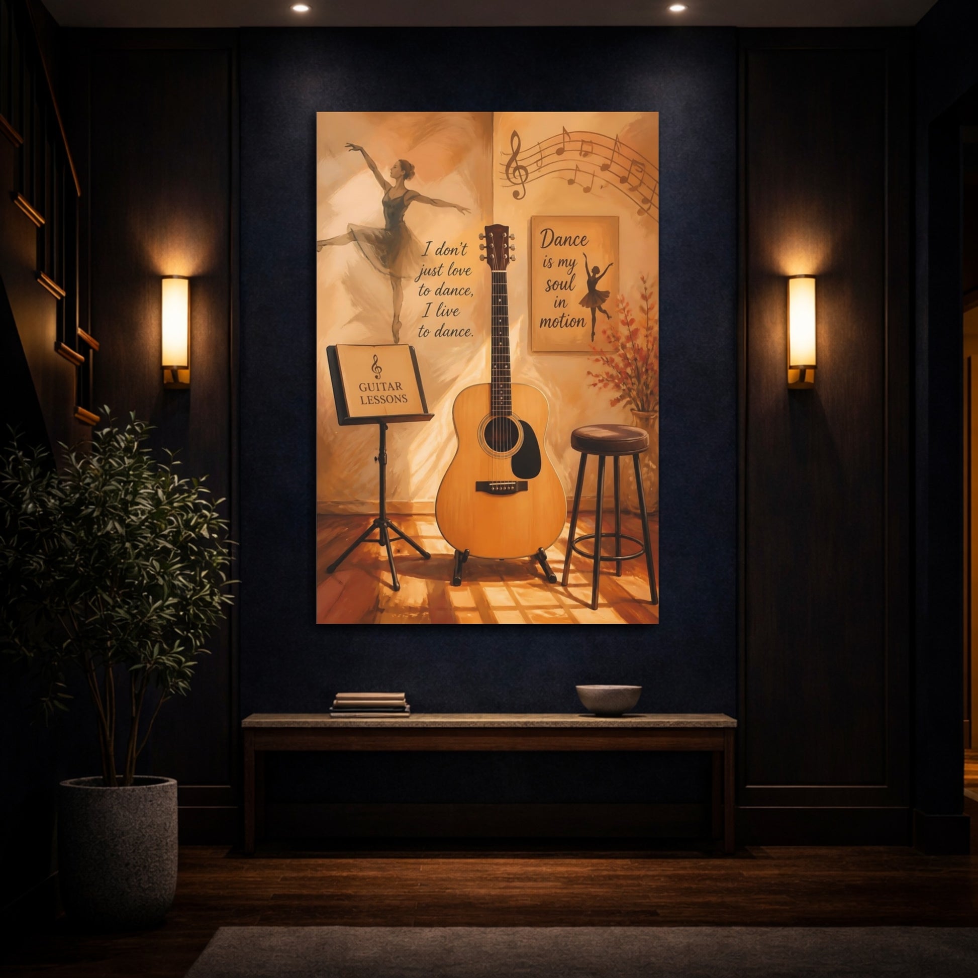 Mockup 4. Vintage Guitar And Dancer Music Dance Art shown as canvas print