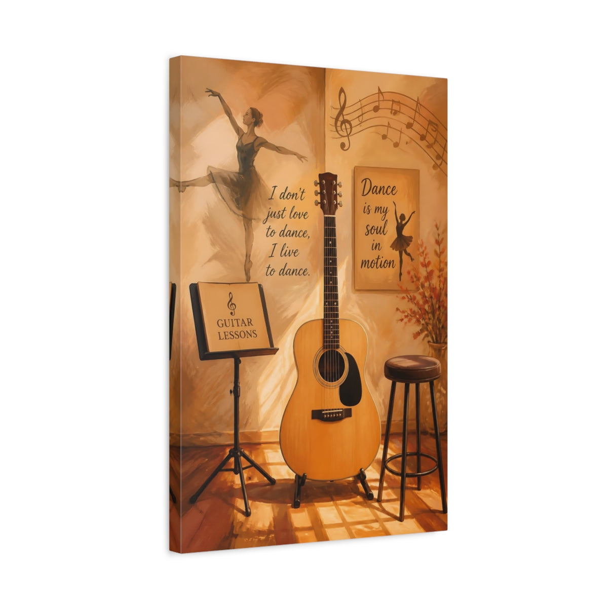 Side Mockup 3. Vintage Guitar And Dancer Music Dance Art shown as canvas print