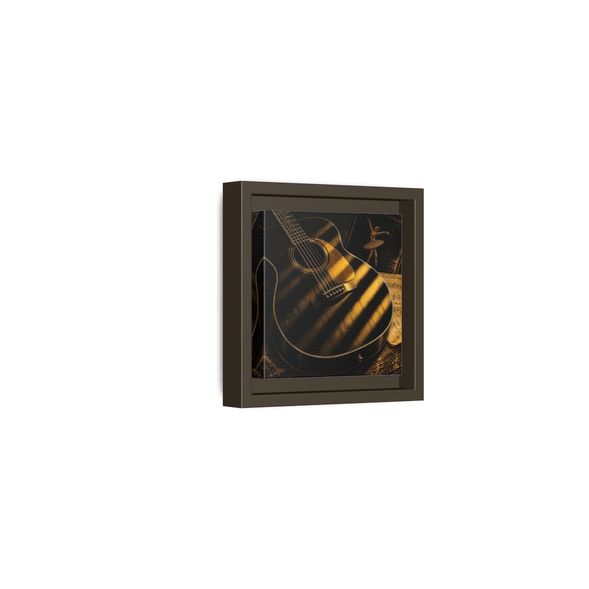Side Mockup 23. Vintage Guitar Black And Gold shown as framed canvas print