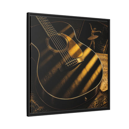 Side Mockup 9. Vintage Guitar Black And Gold shown as framed canvas print