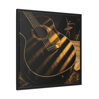Side Mockup 30. Vintage Guitar Black And Gold shown as framed canvas print