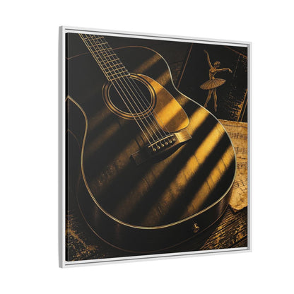Side Mockup 4. Vintage Guitar Black And Gold shown as framed canvas print