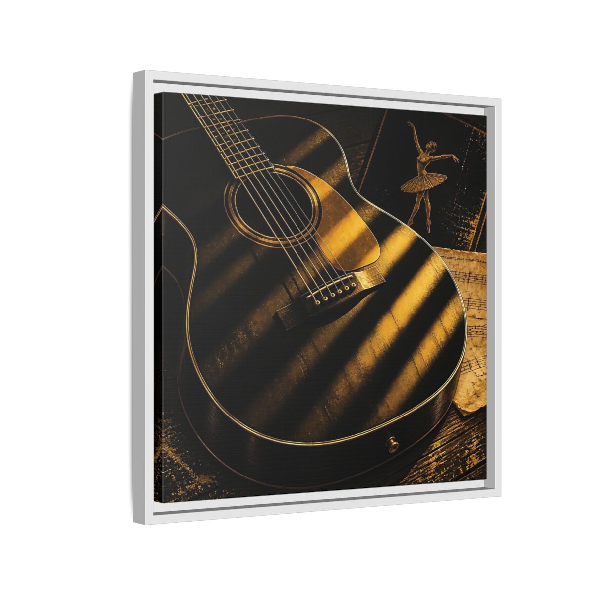 Side Mockup 10. Vintage Guitar Black And Gold shown as framed canvas print