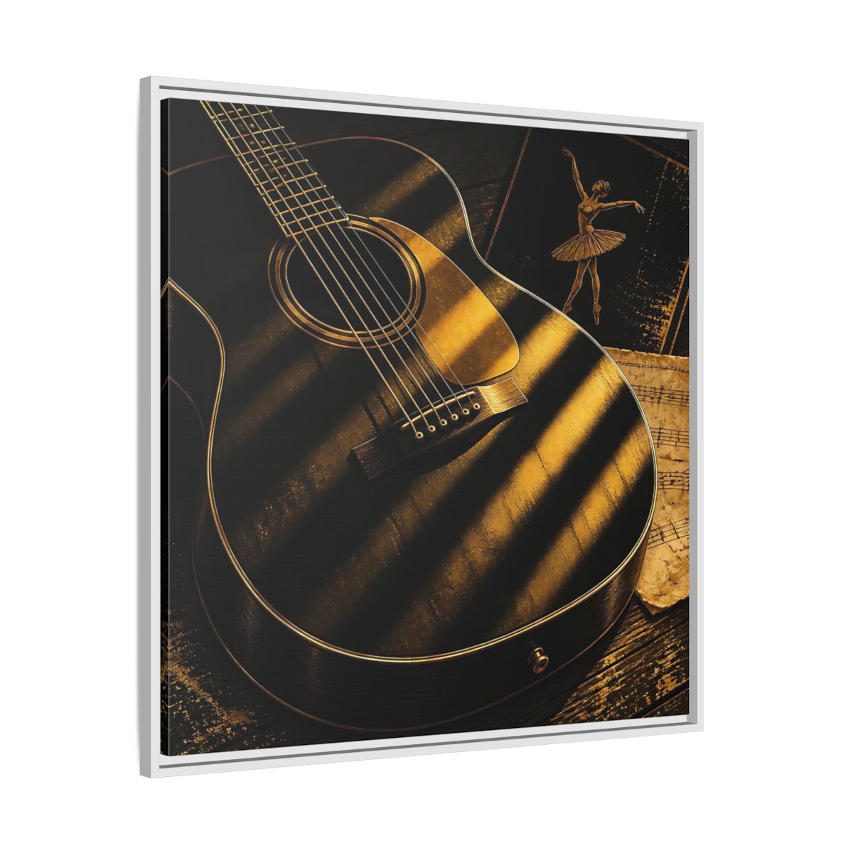 Side Mockup 25. Vintage Guitar Black And Gold shown as framed canvas print