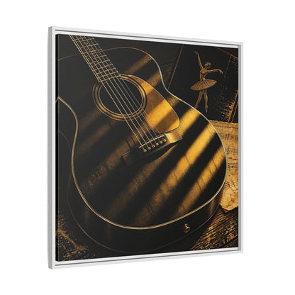 Side Mockup 25. Vintage Guitar Black And Gold shown as framed canvas print