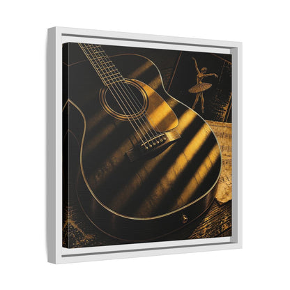 Side Mockup 28. Vintage Guitar Black And Gold shown as framed canvas print