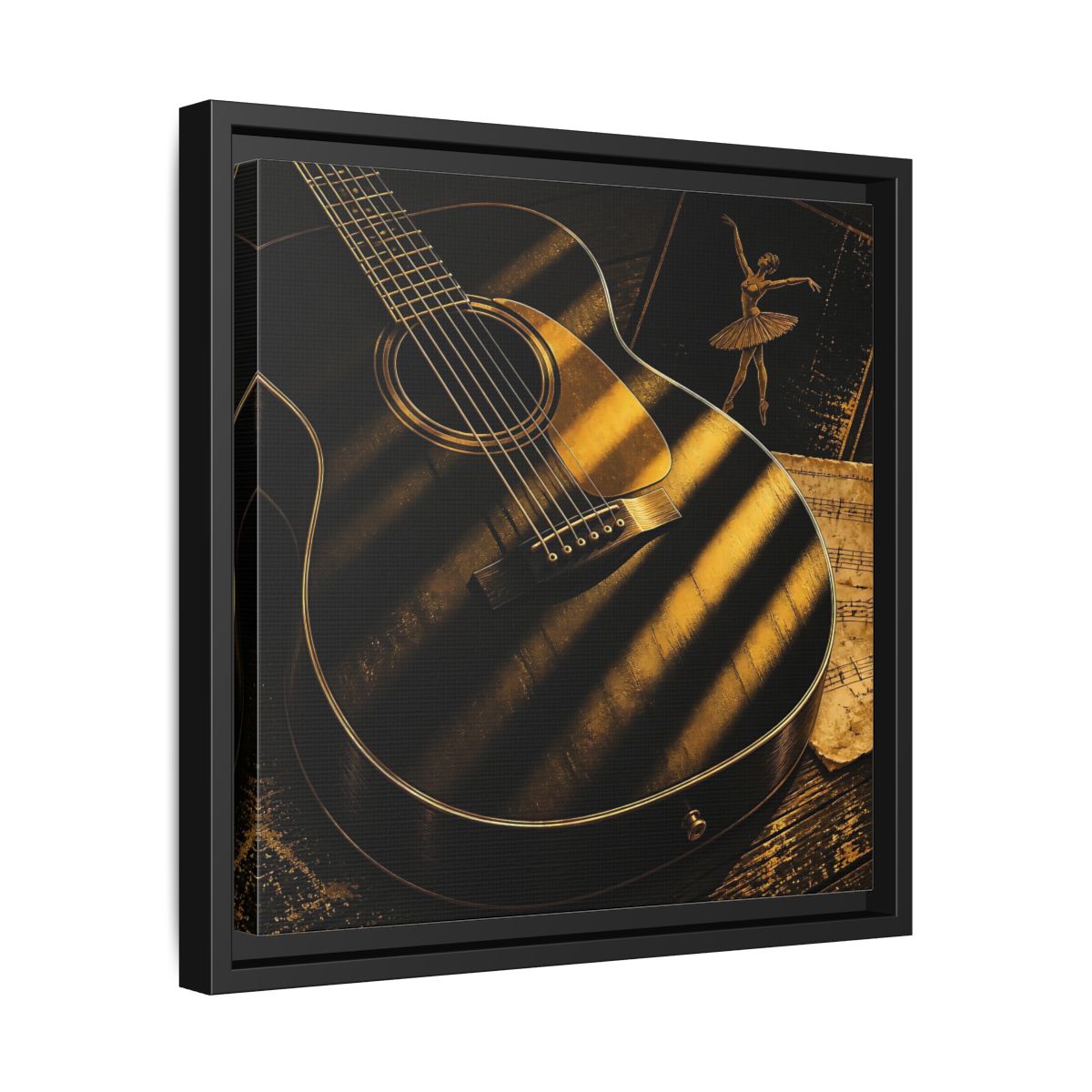 Side Mockup 32. Vintage Guitar Black And Gold shown as framed canvas print
