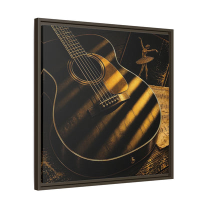 Side Mockup 27. Vintage Guitar Black And Gold shown as framed canvas print