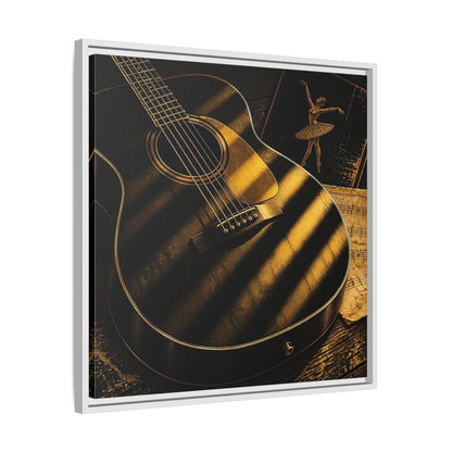 Side Mockup 26. Vintage Guitar Black And Gold shown as framed canvas print