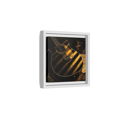 Side Mockup 1. Vintage Guitar Black And Gold shown as framed canvas print