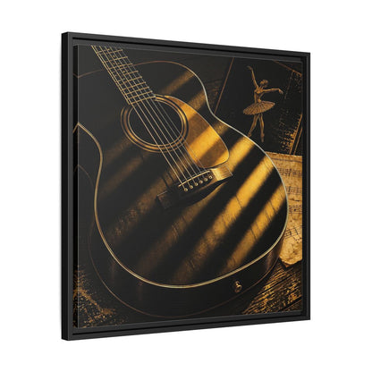 Side Mockup 31. Vintage Guitar Black And Gold shown as framed canvas print