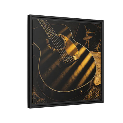 Side Mockup 12. Vintage Guitar Black And Gold shown as framed canvas print