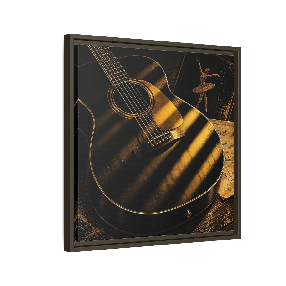 Side Mockup 11. Vintage Guitar Black And Gold shown as framed canvas print