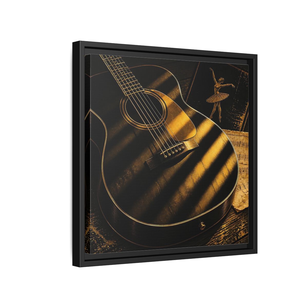 Side Mockup 15. Vintage Guitar Black And Gold shown as framed canvas print