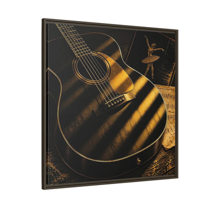 Side Mockup 5. Vintage Guitar Black And Gold shown as framed canvas print