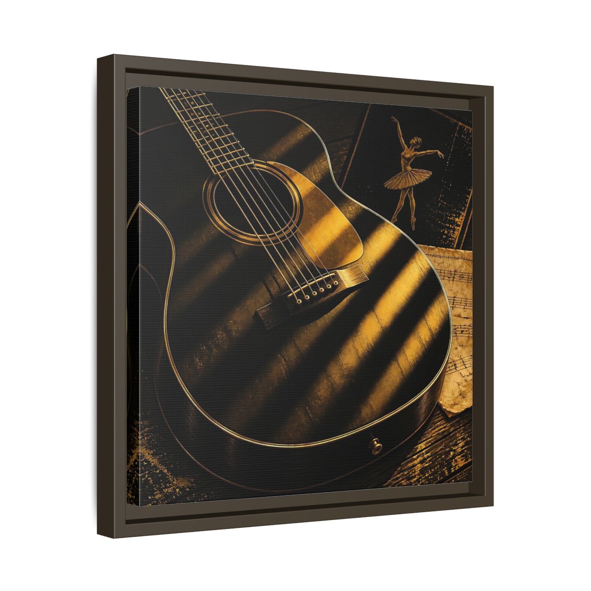 Side Mockup 29. Vintage Guitar Black And Gold shown as framed canvas print