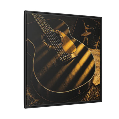 Side Mockup 6. Vintage Guitar Black And Gold shown as framed canvas print