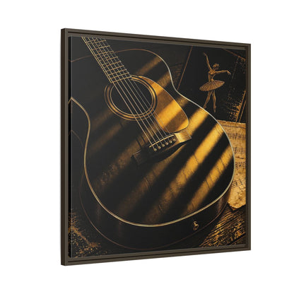 Side Mockup 8. Vintage Guitar Black And Gold shown as framed canvas print