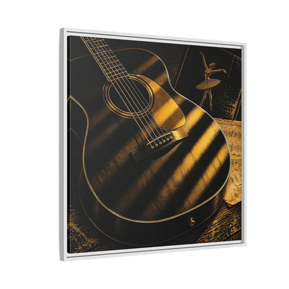 Side Mockup 7. Vintage Guitar Black And Gold shown as framed canvas print