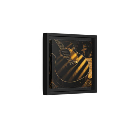 Side Mockup 3. Vintage Guitar Black And Gold shown as framed canvas print