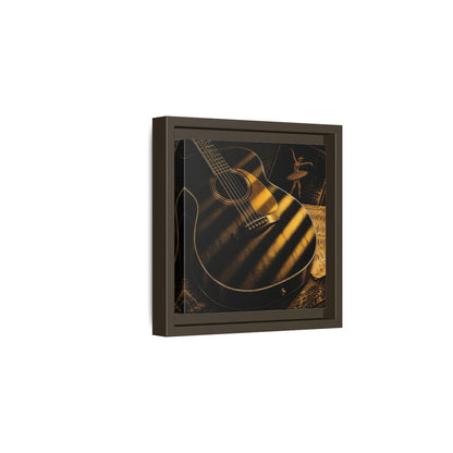 Side Mockup 2. Vintage Guitar Black And Gold shown as framed canvas print
