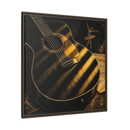 Main Mockup. Vintage Guitar Black And Gold shown as framed canvas print