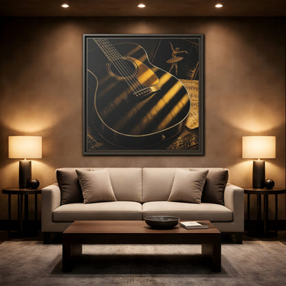 Mockup 2. Vintage Guitar Black And Gold shown as framed canvas print