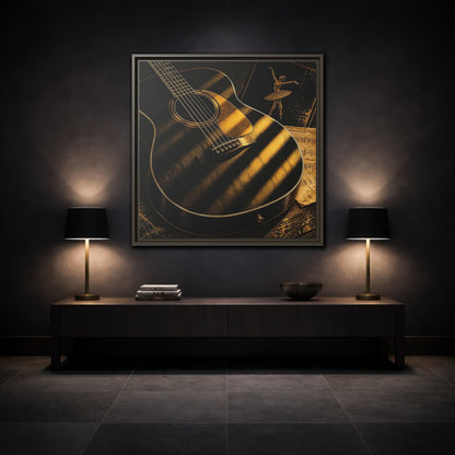Mockup 3. Vintage Guitar Black And Gold shown as framed canvas print