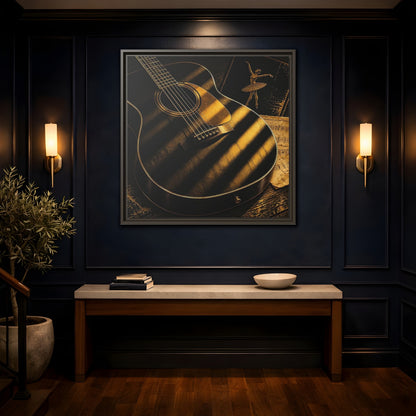 Mockup 4. Vintage Guitar Black And Gold shown as framed canvas print