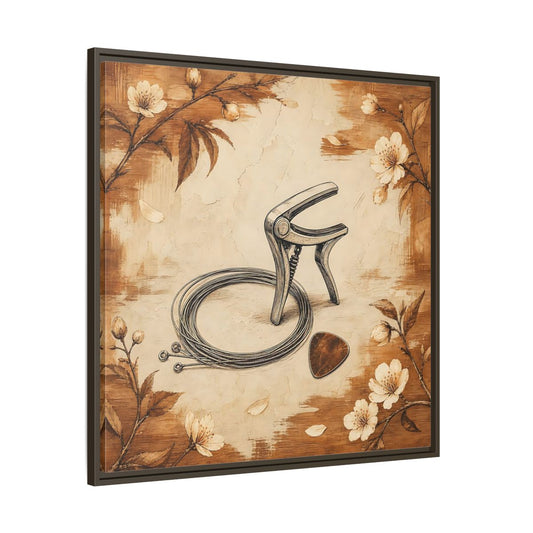 Main Mockup. Vintage Guitar Capo & Pick shown as framed canvas print