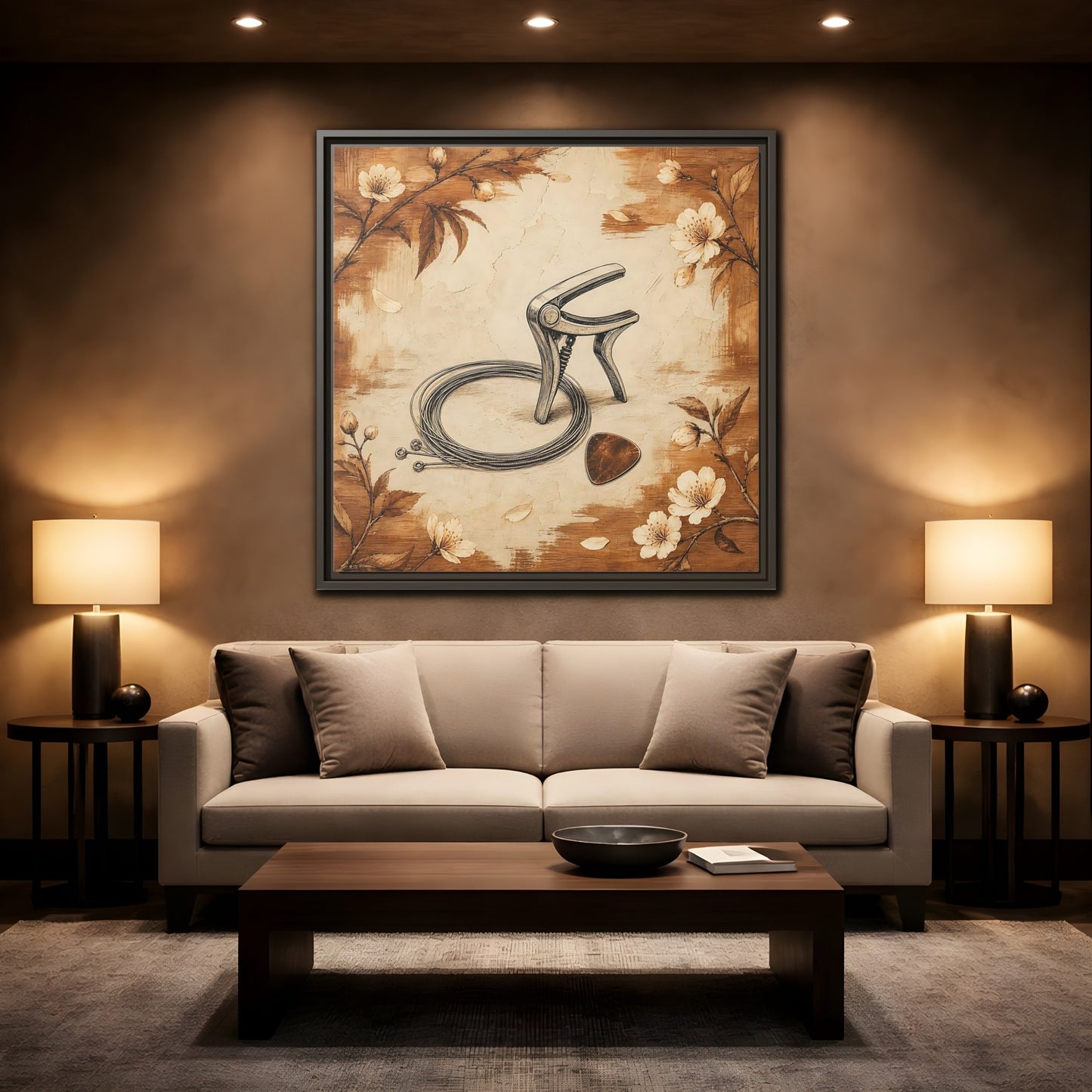 Mockup 2. Vintage Guitar Capo & Pick shown as framed canvas print