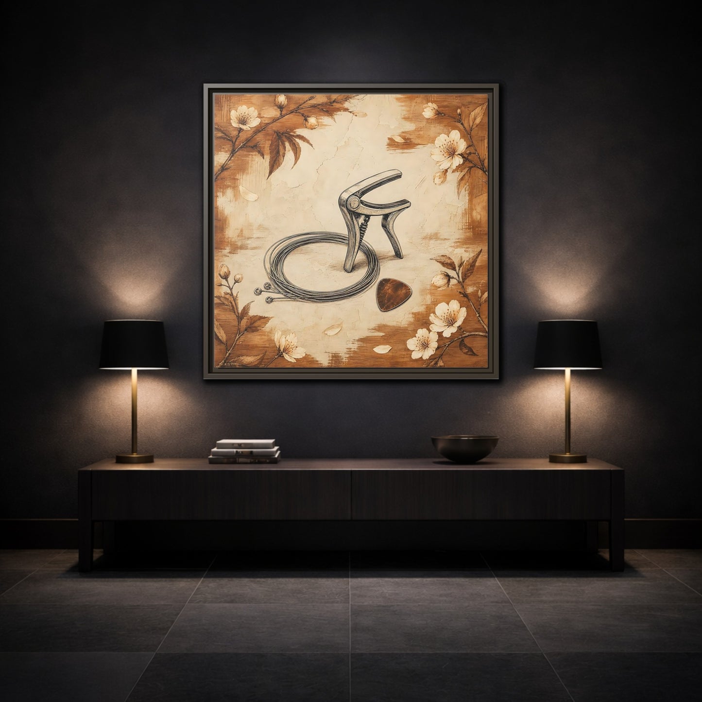 Mockup 3. Vintage Guitar Capo & Pick shown as framed canvas print