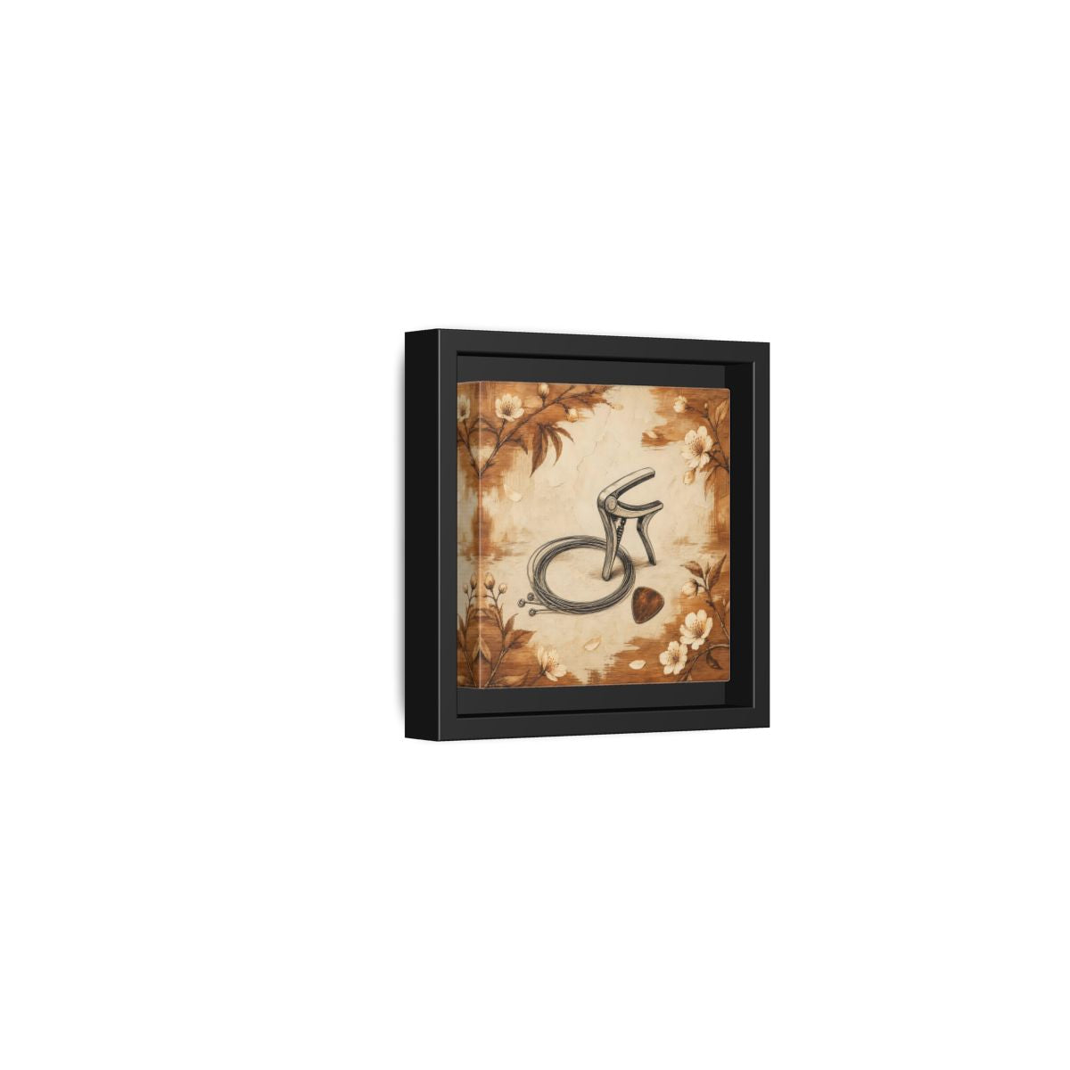 Side Mockup 24. Vintage Guitar Capo & Pick shown as framed canvas print