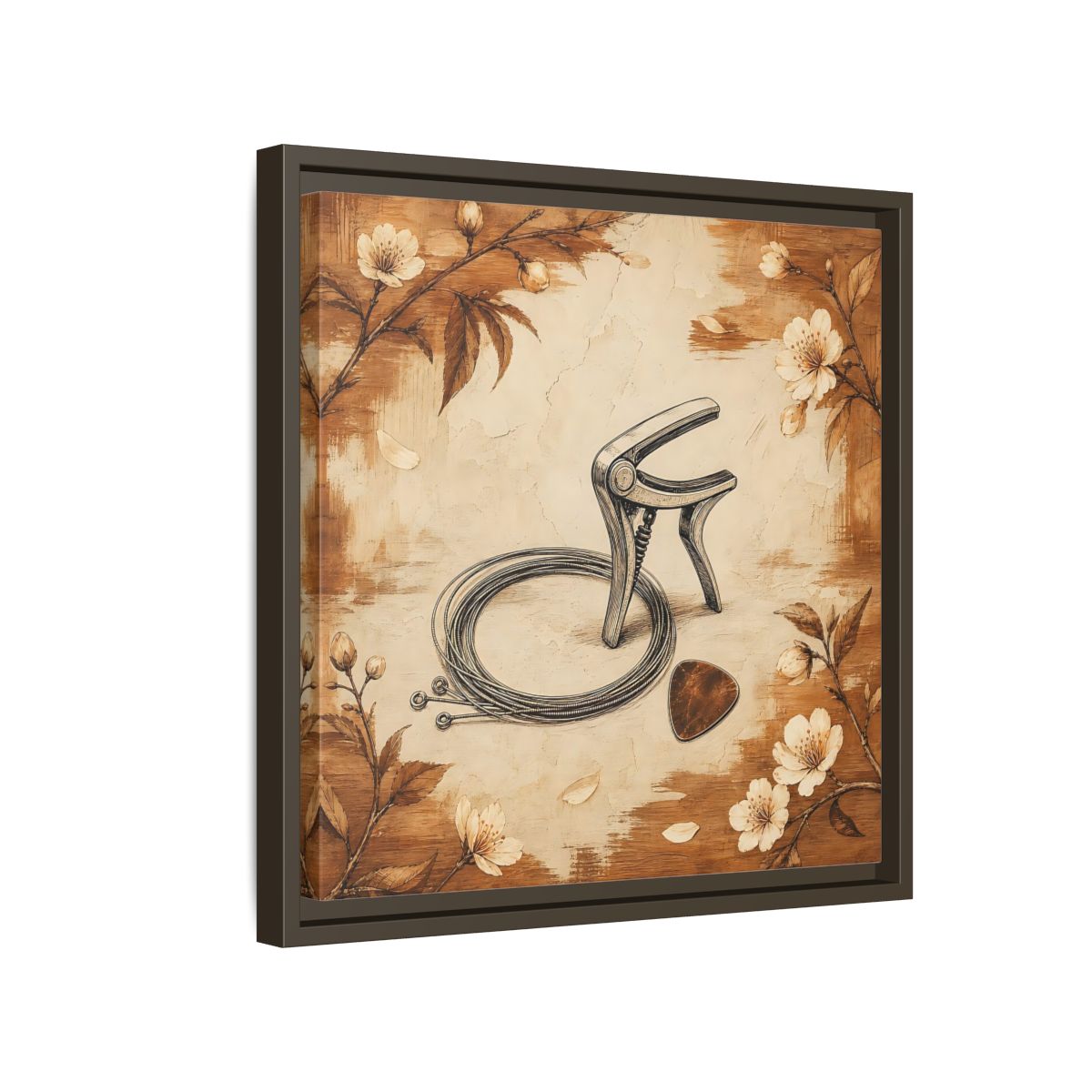 Side Mockup 14. Vintage Guitar Capo & Pick shown as framed canvas print