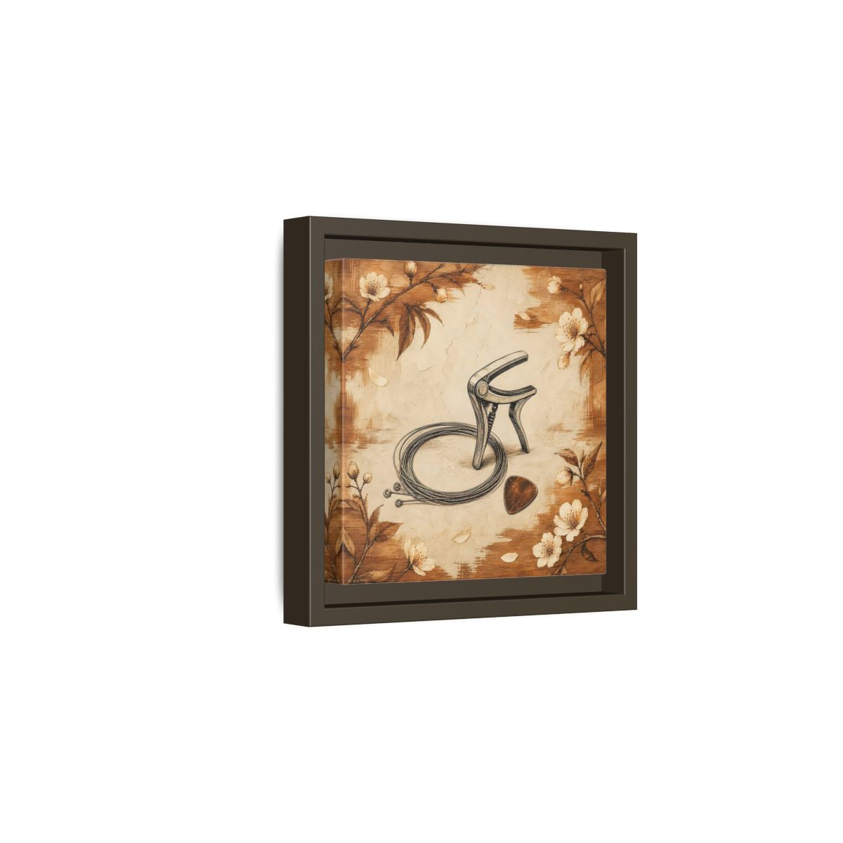 Side Mockup 2. Vintage Guitar Capo & Pick shown as framed canvas print