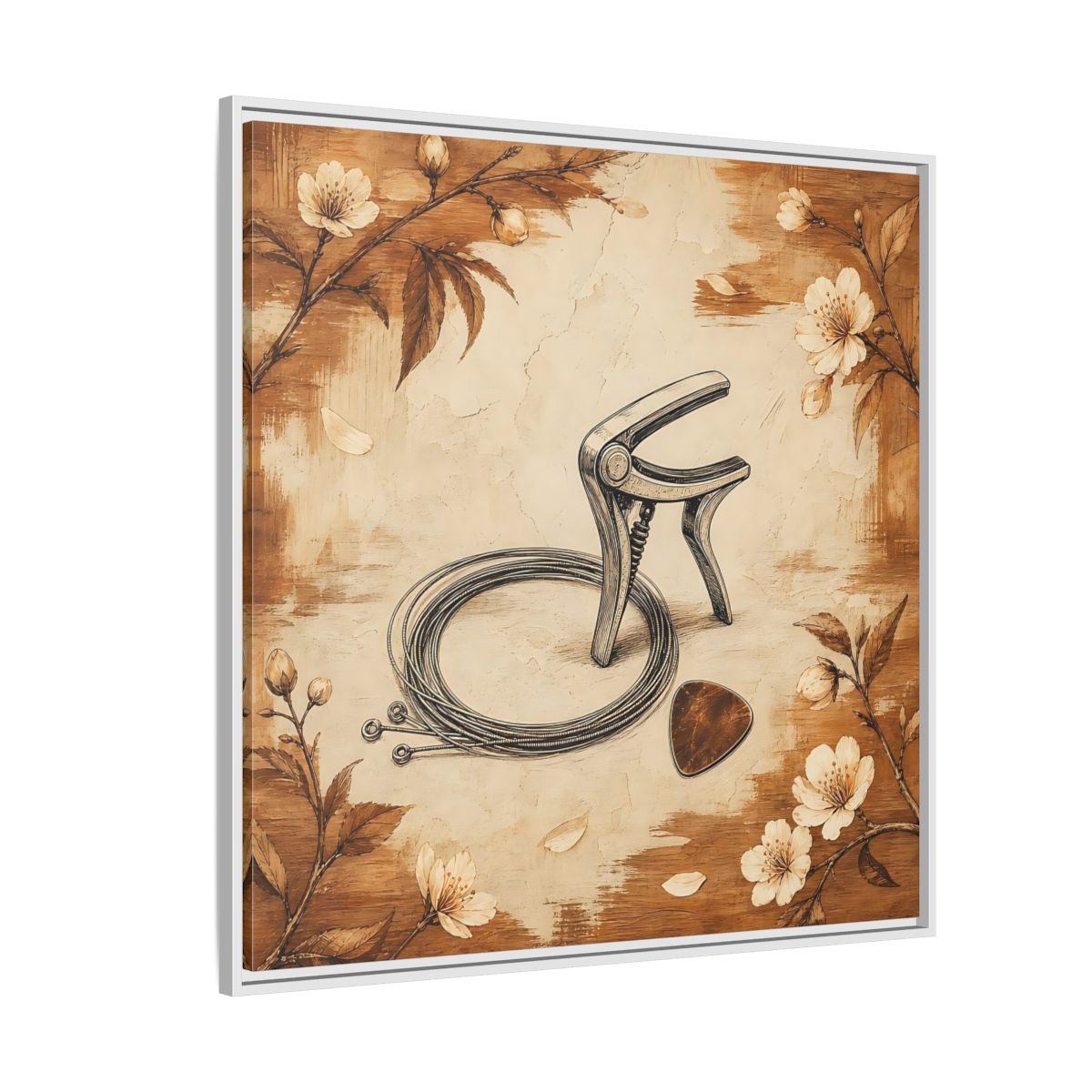 Side Mockup 4. Vintage Guitar Capo & Pick shown as framed canvas print
