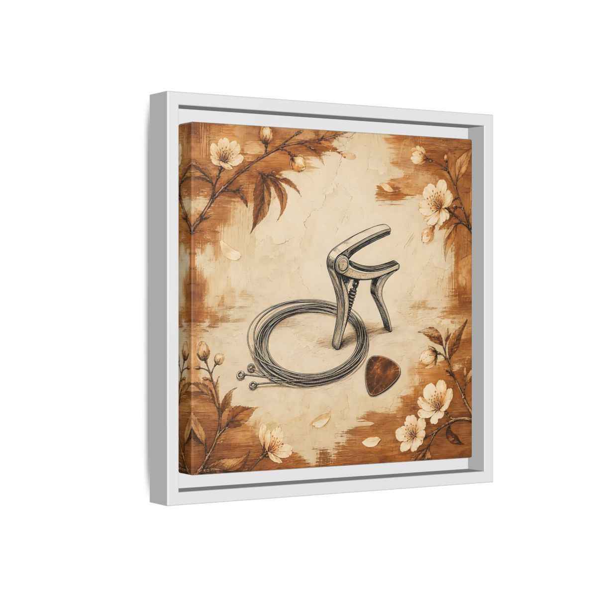 Side Mockup 16. Vintage Guitar Capo & Pick shown as framed canvas print