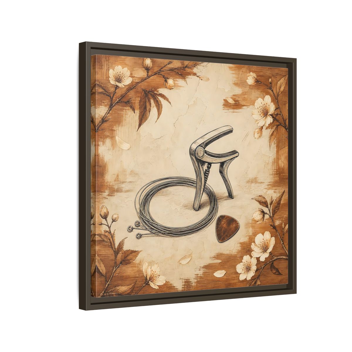 Side Mockup 11. Vintage Guitar Capo & Pick shown as framed canvas print